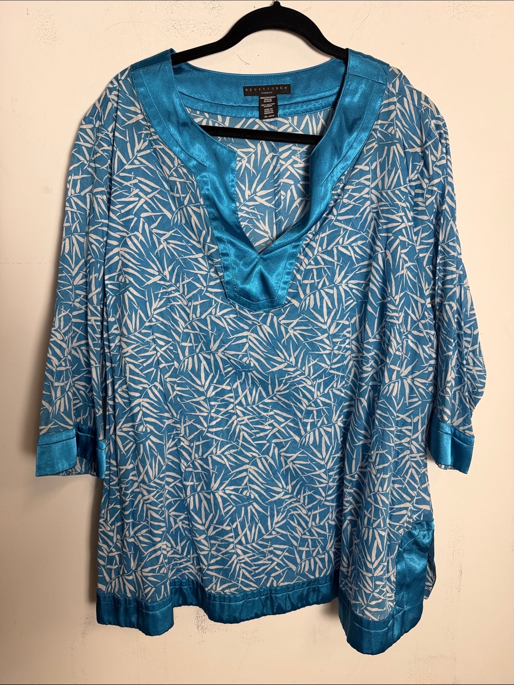 Apostrophe Teal Blue Satin-Trim Leaf Print V-Neck Tunic